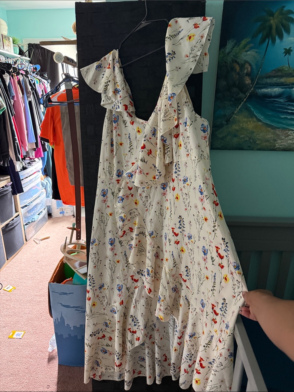 Floral Ruffle Midi Dress - Cream with Red & Blue Flowers